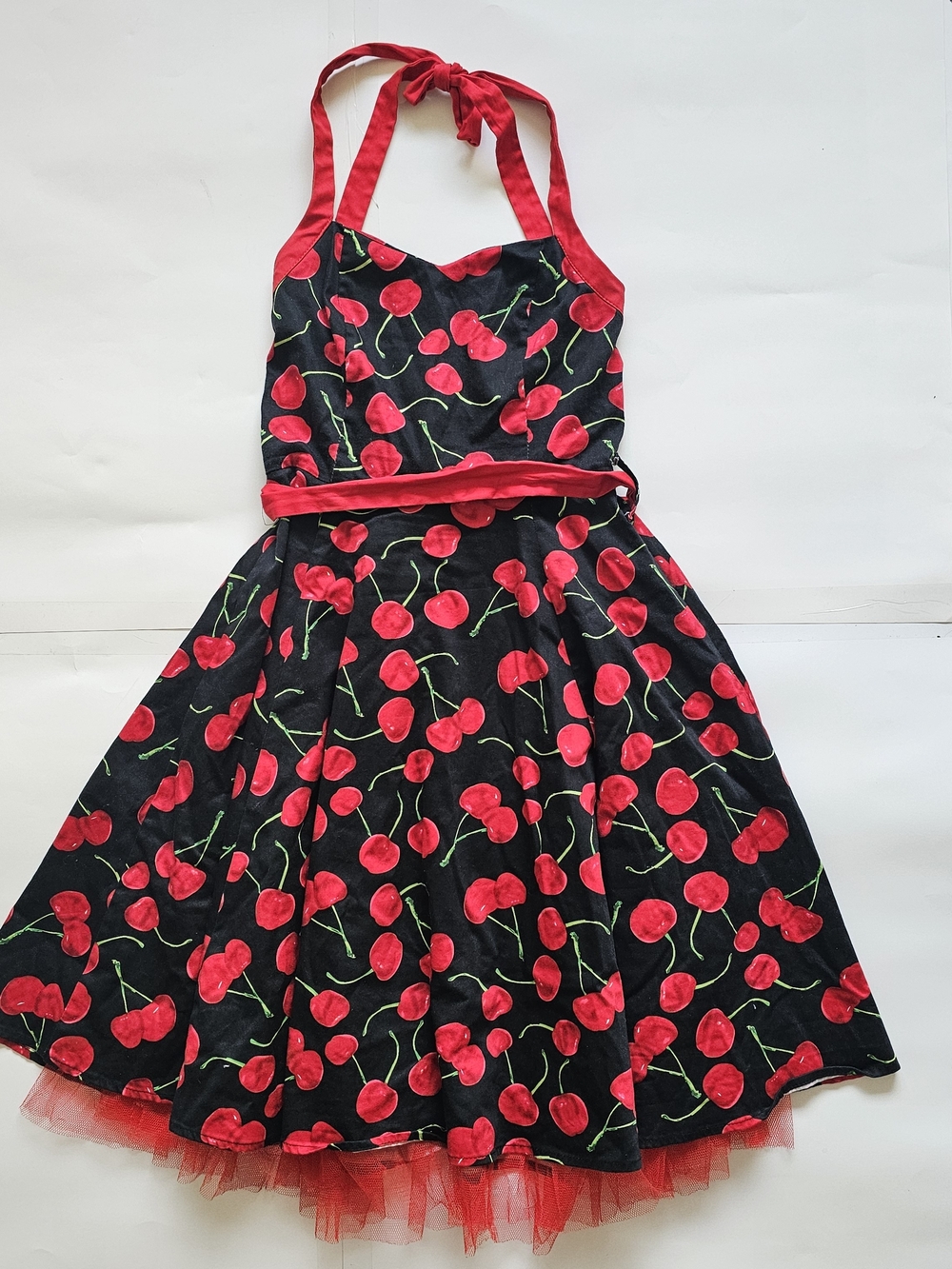 Black Midi Halter Dress with Red Cherry Print